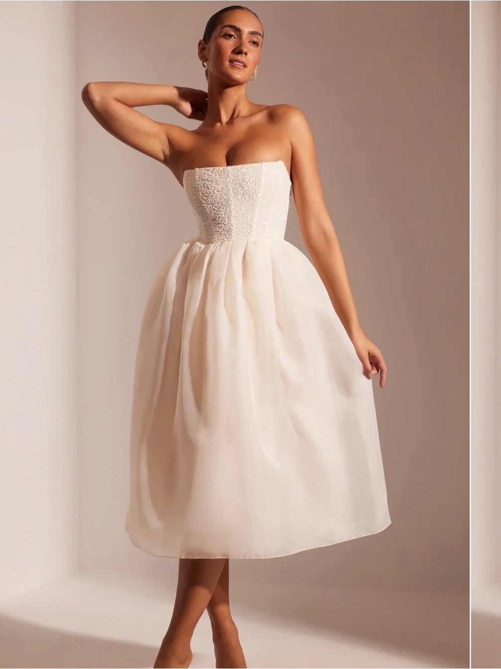 Oh Polly Rosette Embellished Corset Tulle Skirt Midi Dress in Ivory